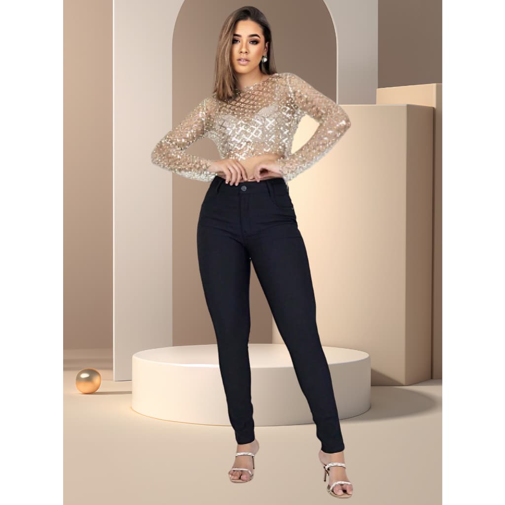 Calça Jeans Escura Skinny Lisa com Levanta BumBum