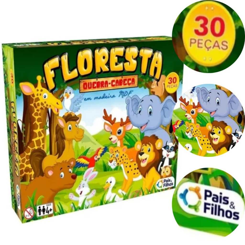 Quebra Cabeça Infantil Madeira Mdf 30 Peças Floresta Animais Pais E Filhos