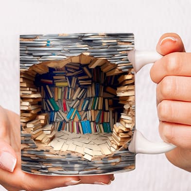 Caneca xícara Copo de Porcelana Cerâmica Personalizada efeito 3D Livros Através da Parede presente lembrancinha