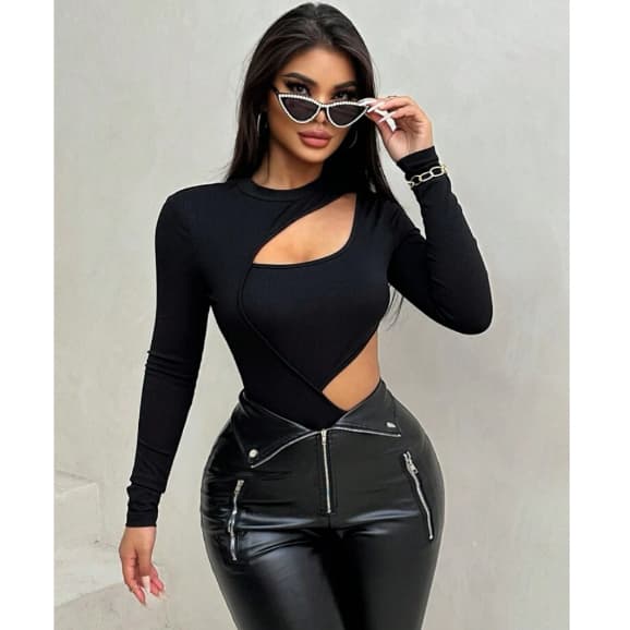 Body Feminino Modelador Maraysa Manga Longa Recorte Gringo Alfaiataria em Suplex Premium Grossinho Confortavel e Macio