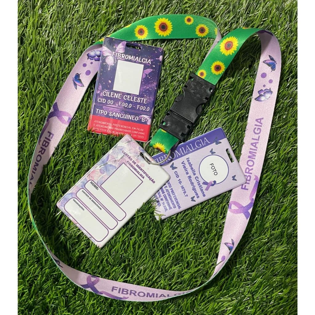 Kit Cordão Fibromialgia + Cartão Crachá Personalizado - Identificação girassol