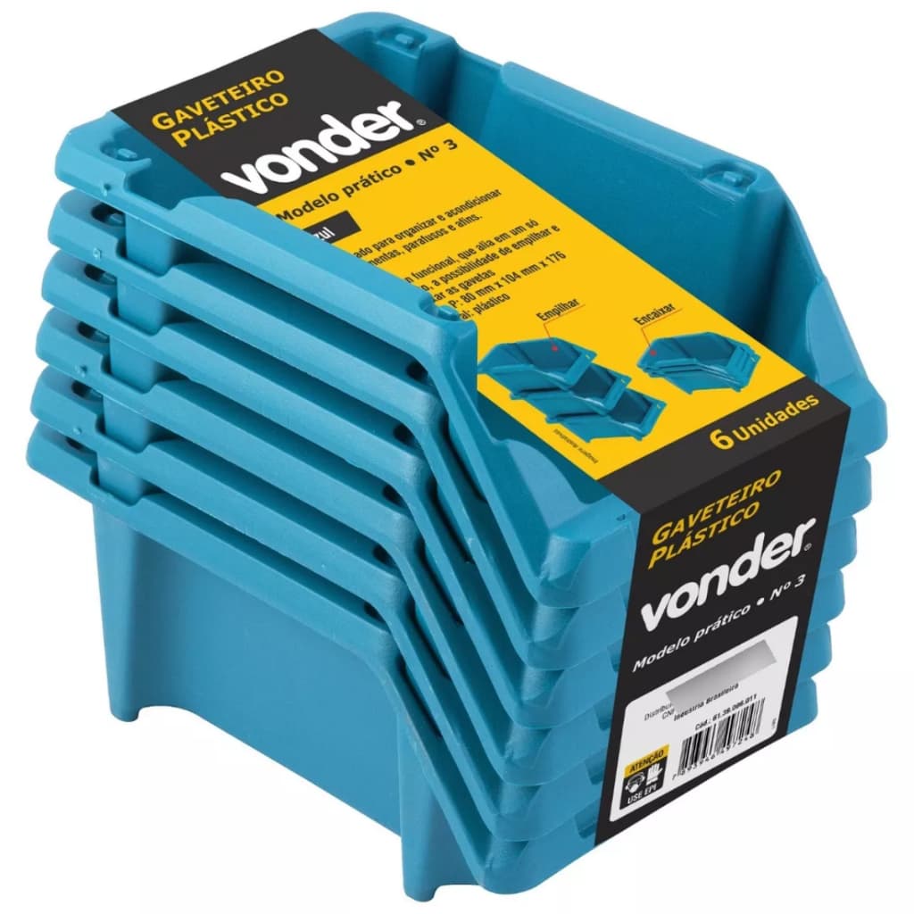 Kit 6un Gaveteiro Bin Expositor Organizador Estante N3 Plástico Azul Para Armazenamento Oficina