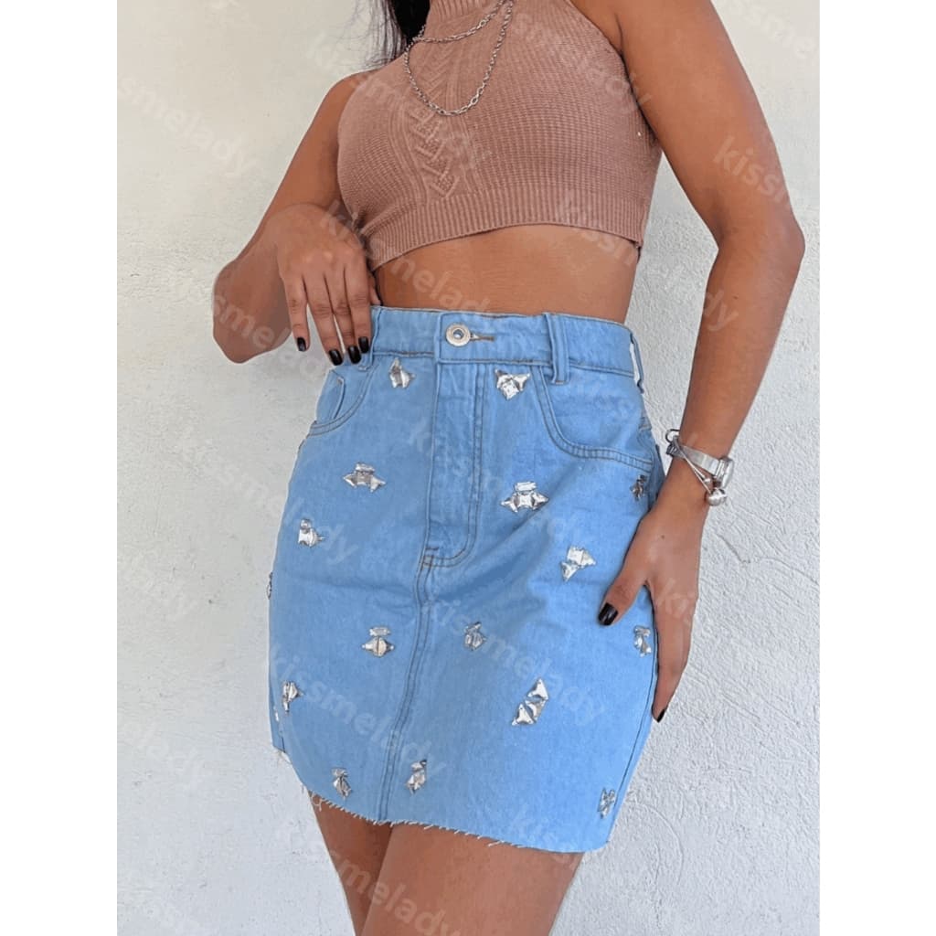 Anaoffice 171 saia Jeans feminino short saia casual  com brilho saia curto