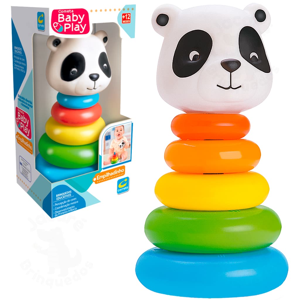 Torre de Argolas Brinquedo Bebê Pirâmide Empilhável Ursinho Panda Vinil Macio e Leve