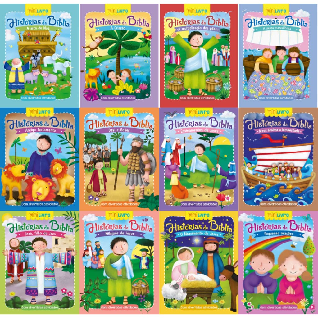 12 Mini Livro Infantil Histórias Da Bíblia Ensinamento Religioso Com Divertidas Atividades