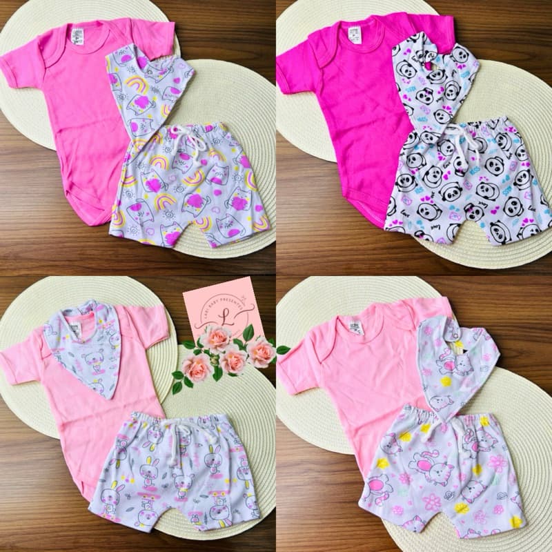Conjunto menina com babador RN P ou M - kit enxoval maternidade - roupa para bebê recém nascido