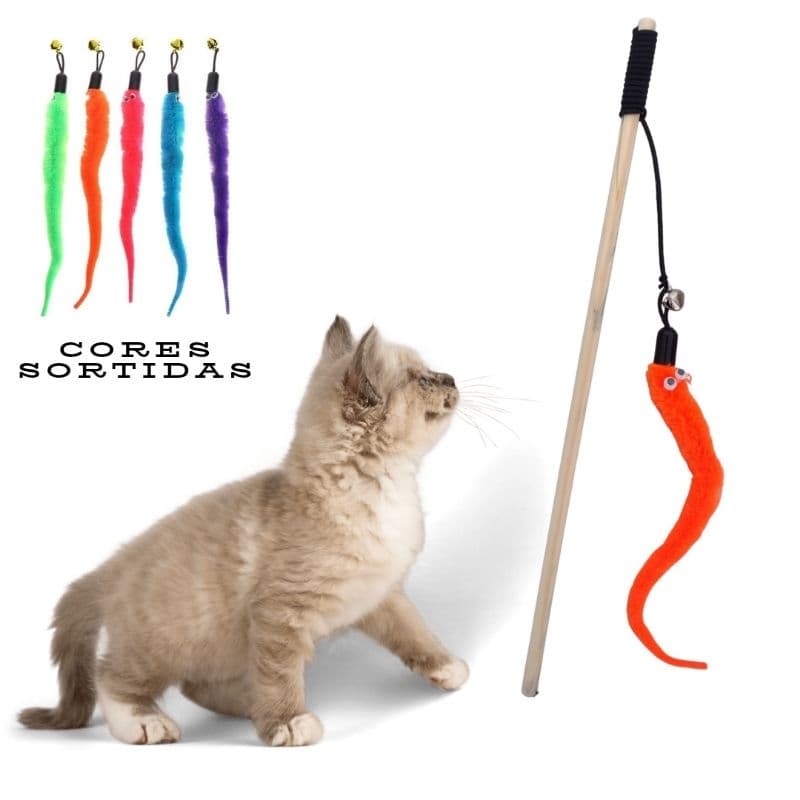 Varinha de madeira com cobrinha para gatos, brinquedo de gato com Minhoca colorida divertida cat