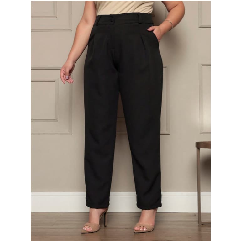 Calça social reta Feminina Cintura Alta  Plus Size Bolsos falsos atras Lisa Elegante Uniforme Oxford