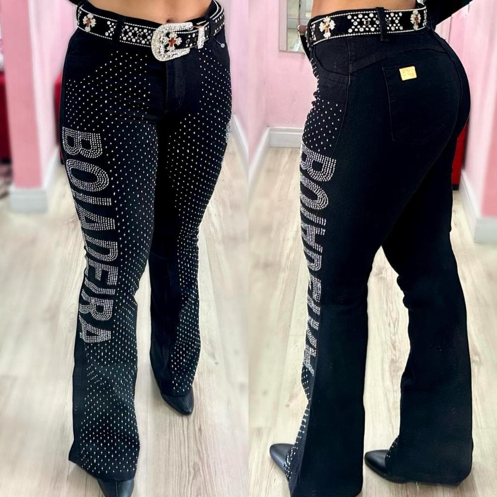 Calça Flare Jeans Feminina Country Rodeio Boiadeira Cintura Alta com Brilhos Luxo