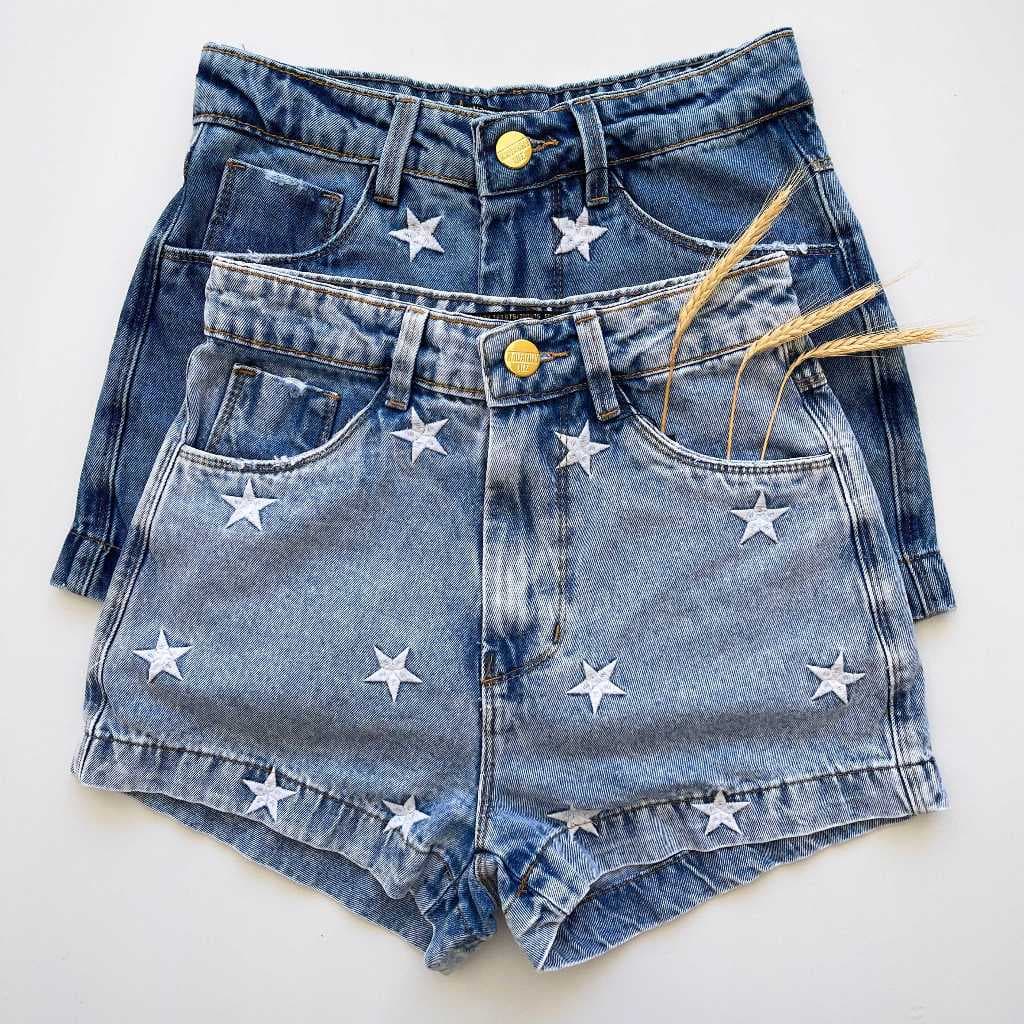 Short jeans feminino cintura alta bordado estrela