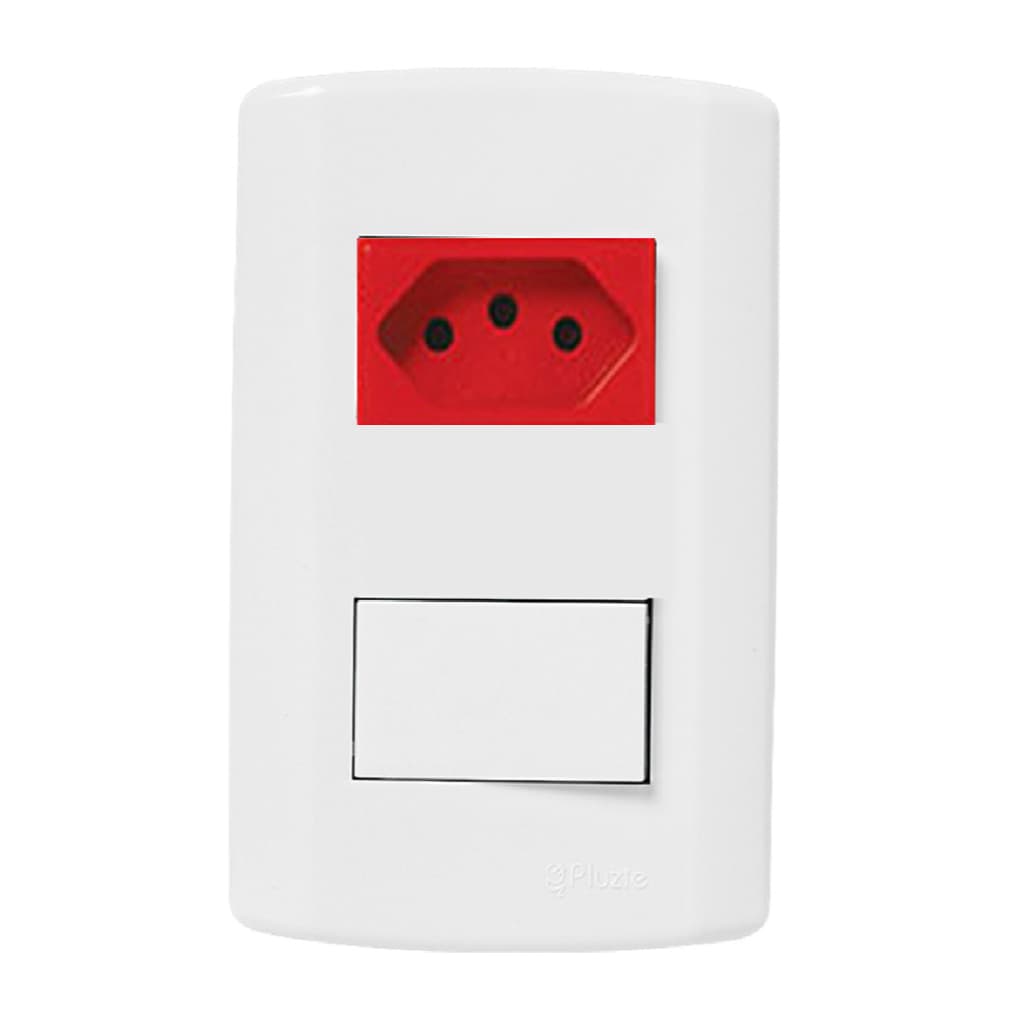 Tomada Vermelha + Interruptor Pluzie Modular Pluzi Branca