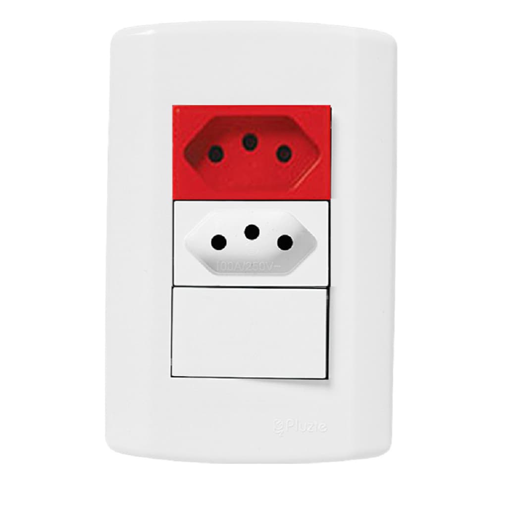 Tomada Vermelha + Tomada Branca + Interruptor Pluzie Modular