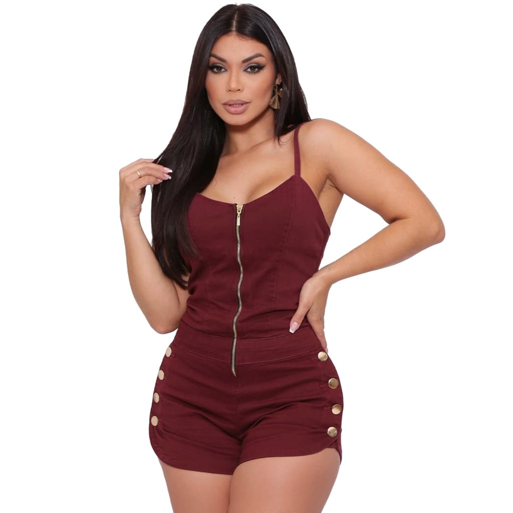 Macaquinho Jeans Feminino Curto com Zíper e Lycra P ao GG