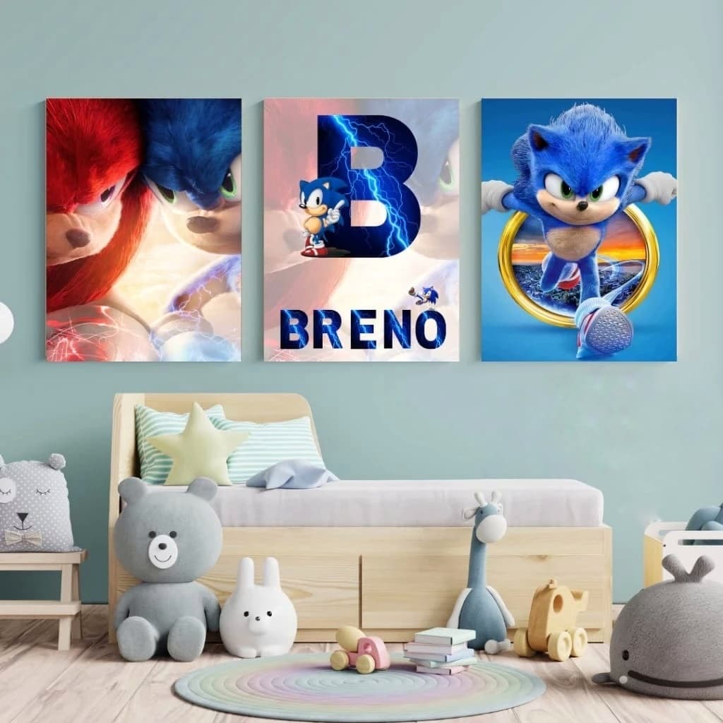 Quadros para Menino Sonic Infantil Com Nome Personalizado 3 pecas 20x30cm