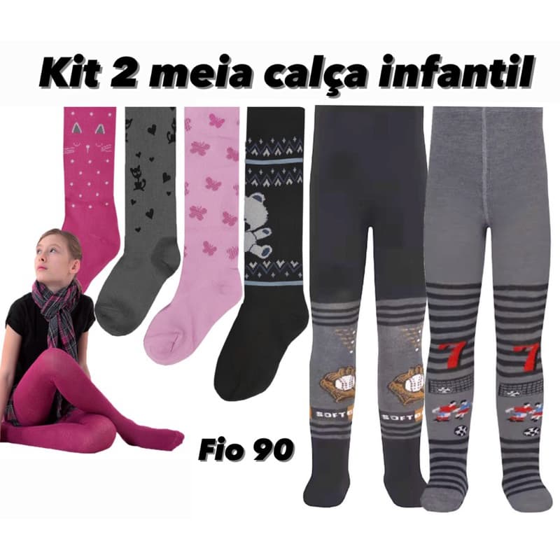 Kit 2 Meia Calça Infantil Masculina e feminina lisa e estampadas inverno Fio 90