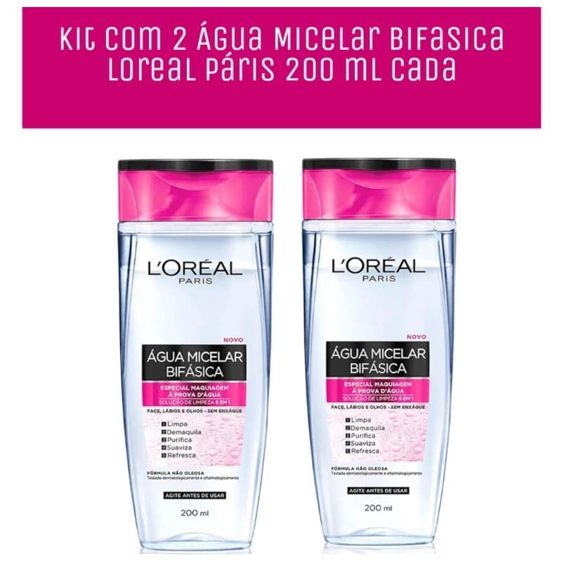 Kit com 2 Água Micelar Bifásica L'Oréal Paris Solução de Limpeza 5 em 1, 200ml