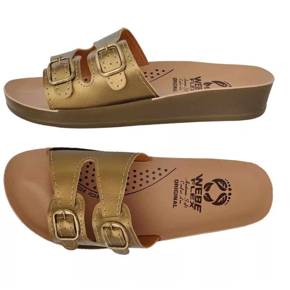 Sandália Feminina Ortopédica Webe Flex Dourada Macia Confortável Chinelo Anatômico Fascite Plantar