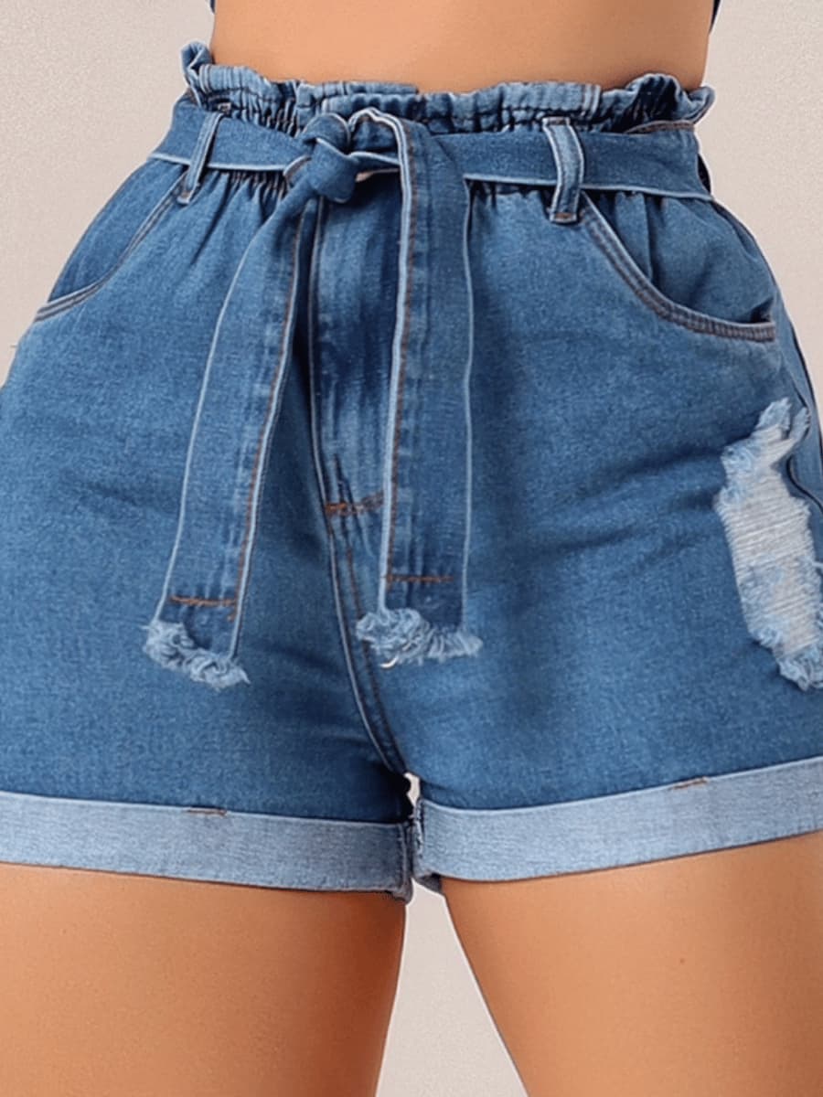 Short Jeans Feminino Com Cinto Elastico Cos Cintura Alta Levanta Bumbum Bermuda Jeans Feminina