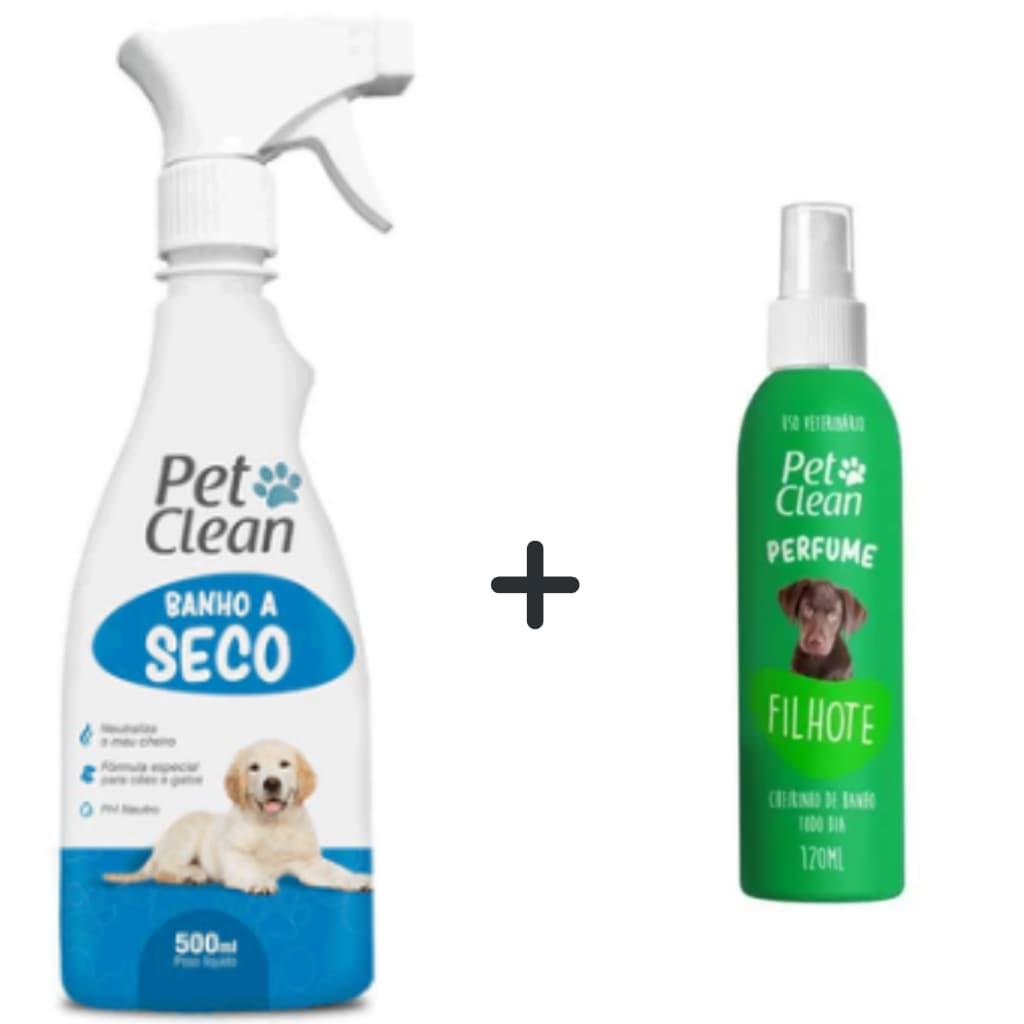 Kit Banho a Seco Cães Cachorro e Gatos Pet Clean 500ml + Perfume Colônia Banho e Tosa 120ml Filhote