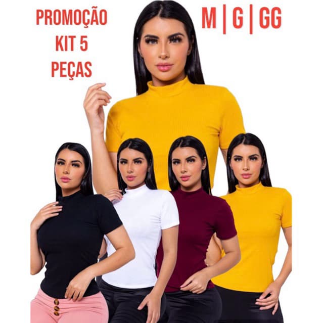 Kit 5 Blusa Canelada Gola Alta Manga Curta Moda Feminina