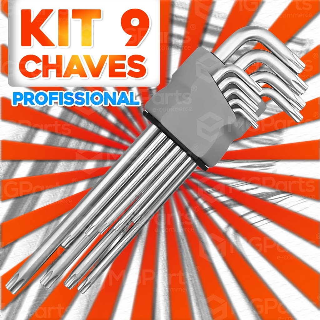 Jogo de Chave Torx 9 Peças Profissional em L com Guia Aço Cromo-Vanádio T10 a T50 Resistente Kit