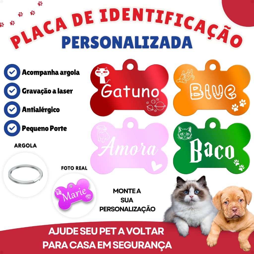 Pingente Plaquinha Plaqueta Pet Cachorro Gato Personalizado com Gravação a Laser - Tamanho P
