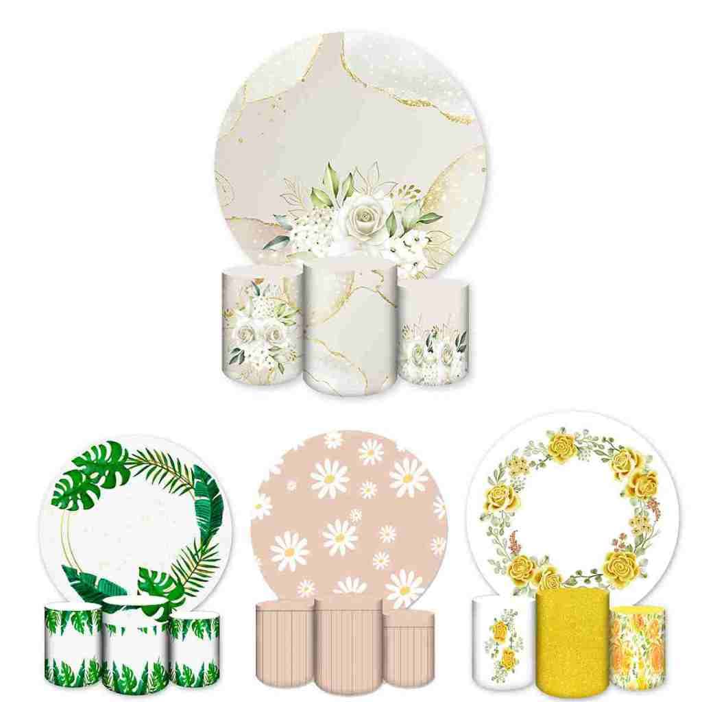 Capa de Painel Redondo + 3 Capas de Cilindro Sublimados Tema Floral