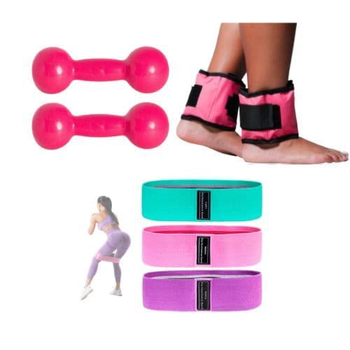 Kit Funcional Par Halter 2kg + Par Caneleira 2kg + 3 Mini Band Treino em Casa Academia