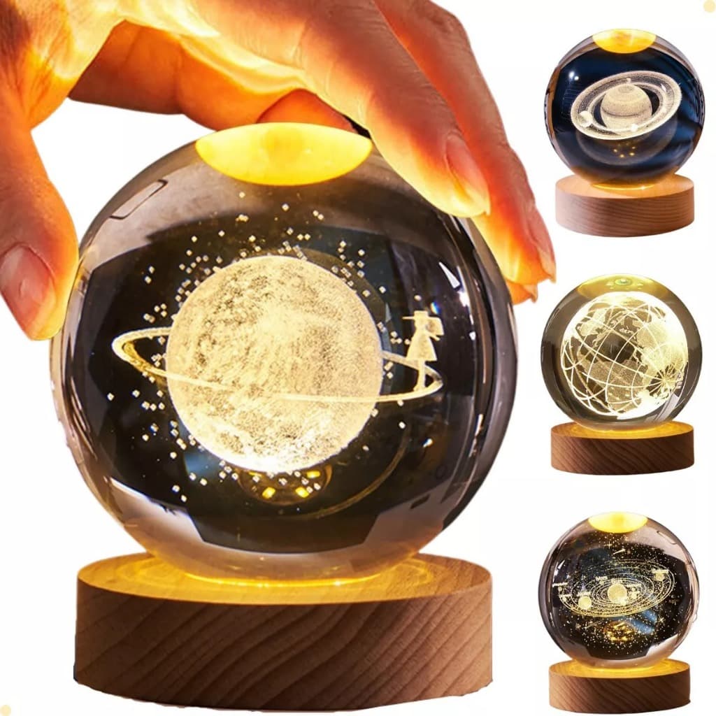 Luminária Bola de Cristal Led Mesa Globo Vidro 3d Base Madeira Decoração Abajur Presente Enfeite Lua