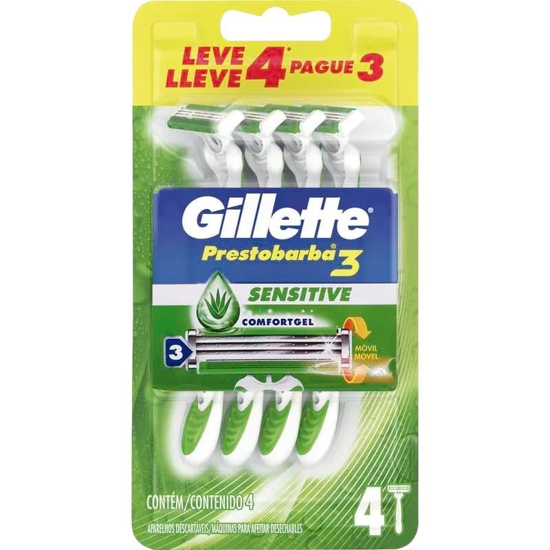 Aparelho de Barbear Gillette Prestobarba 3 Sensitive Embalagem com 4 unidades