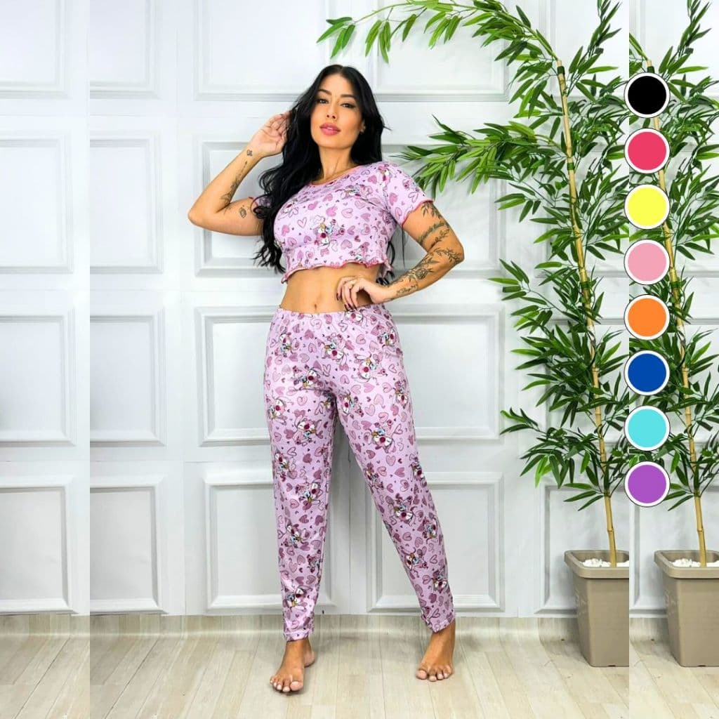 Pijama Feminino Longo Cropped e Calça Estampado Conforto Frio Linha Noite
