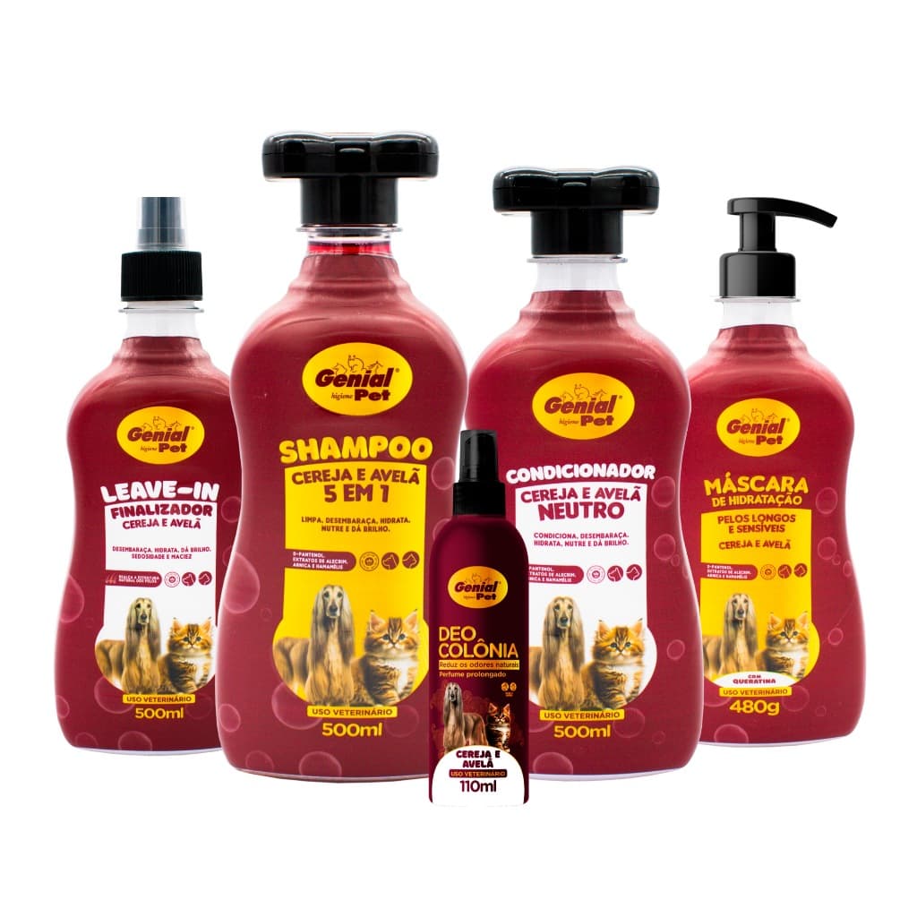 Kit Shampoo + Condicionador + Máscara de Hidratação + Leave-In Finalizador + Perfume Cereja e Avelã Cães e Gatos Genial