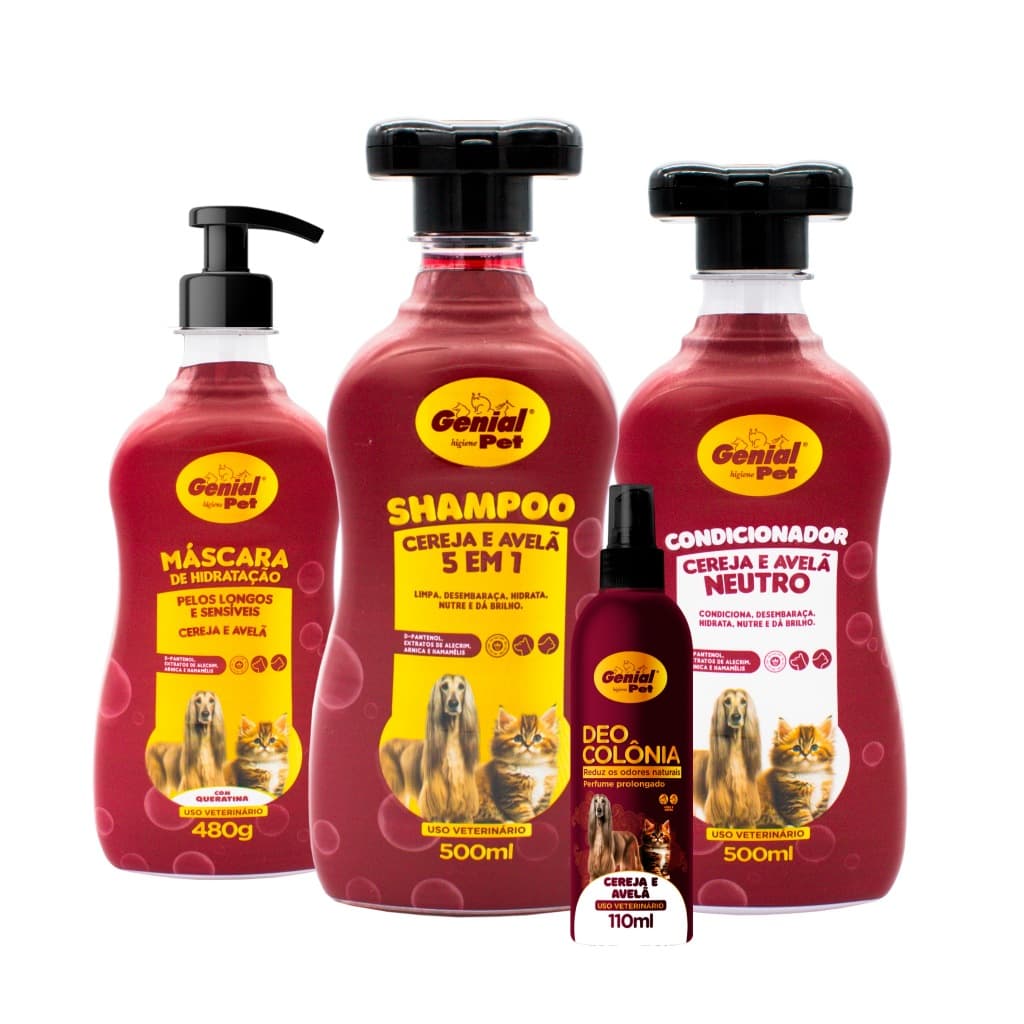 Kit Shampoo + Condicionador + Máscara de Hidratação + Perfume Cereja e Avelã Cães e Gatos Genial Pet