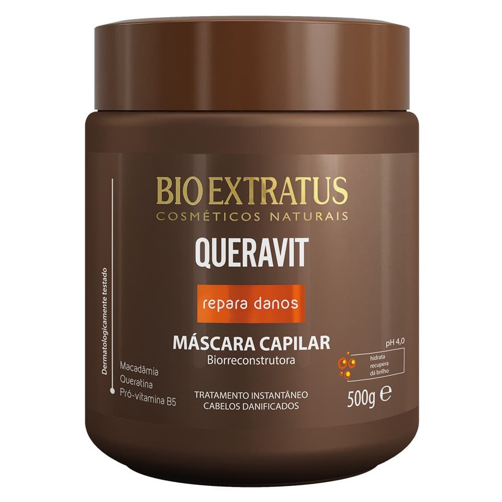 Máscara Queravit Bio Extratus - 500g MÁSCARA CAPILAR BIO RECONSTRUTORA Resgata a umidade, recondiciona e nutre profundamente os fios.  Após lavar o cabelo, aplique a máscara massageando mecha a mecha. Deixe agir de 3 a 5 minutos. Para intensificar o trat