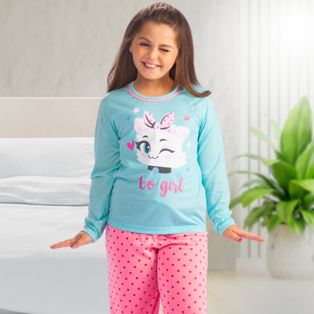 Pijama Infantil Longo para Menina de Inverno Conjunto com Calça e Blusa de Frio Gata POP