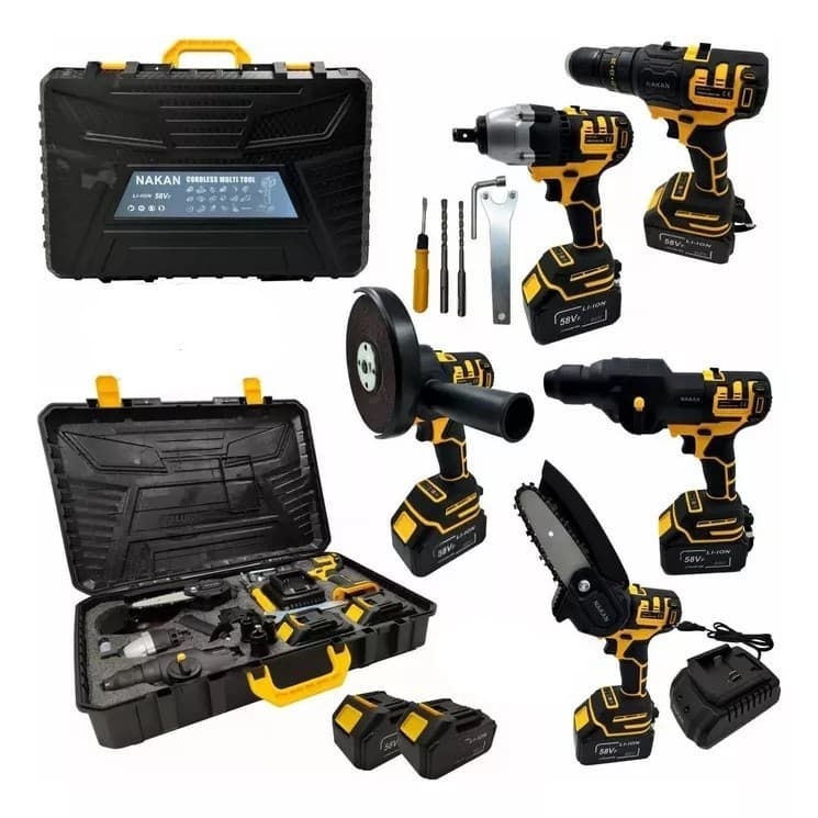 Kit 5 em 1 Furadeira Parafusadeira Motosserra Chave Impacto a Bateria 58VF Completa Com Maleta