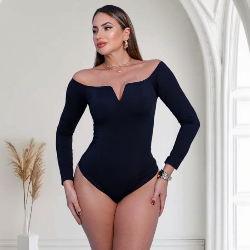 Body Feminino Decote V Manga Longa Ombro a Ombro Com Bojo