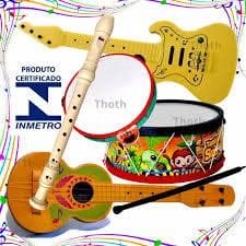 Kit Musical Infantil 5 Peças Guitarra Violão Tambor Pandeiro Flauta Brinquedo Educativo Inmetro