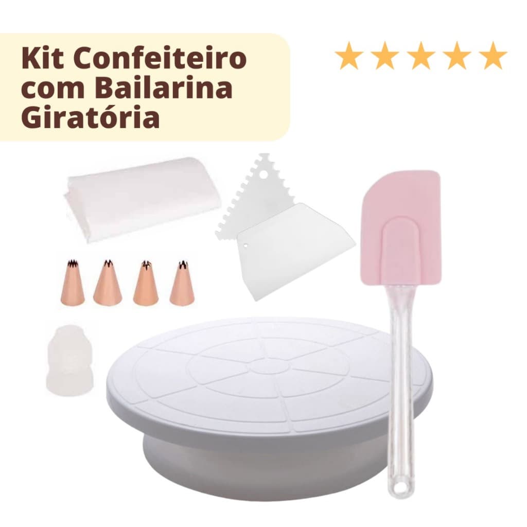 Kit Bailarina Giratória com Espatulas, Pão Duro e Saco com Bico Para Confeitar Prato Giratório Branco 28 cm