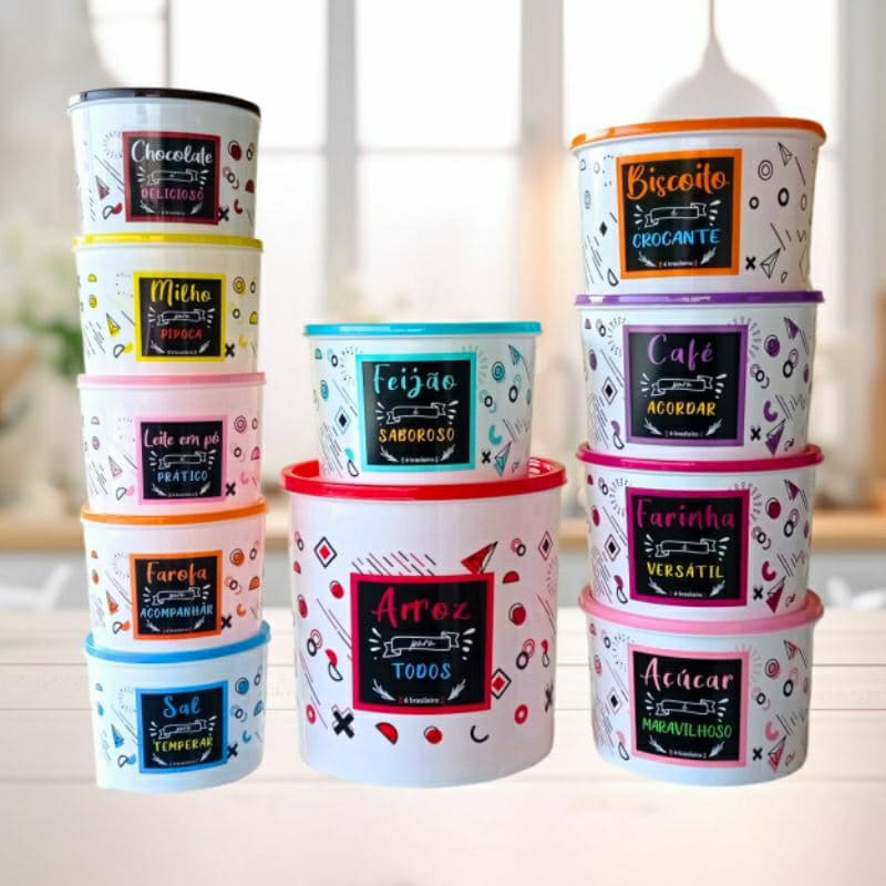 11 Potes Organizador de Alimentos Conjunto de Pote Decorado BPA FREE Vasilha  Arroz Feijão Sal Açúcar