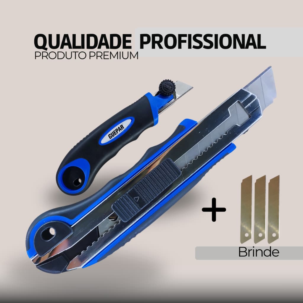 KITs - Estilete Profissional Emborrachado c/ Lâminas Recarregador Automático Pegada Ergônomica