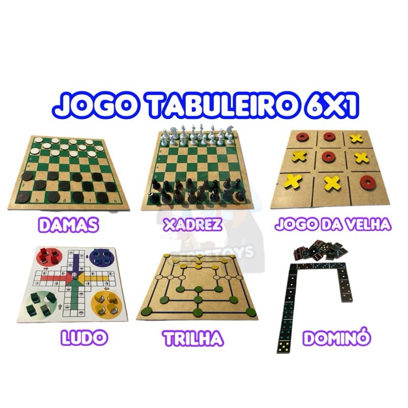 Jogo Tabuleiro 6 Jogos em 1 Xadrez Dama Dominó Ludo Trilha e Jogo da Velha Diversão Clássica de Mesa Tabuleiros Tradicional, kit, jogos interativos