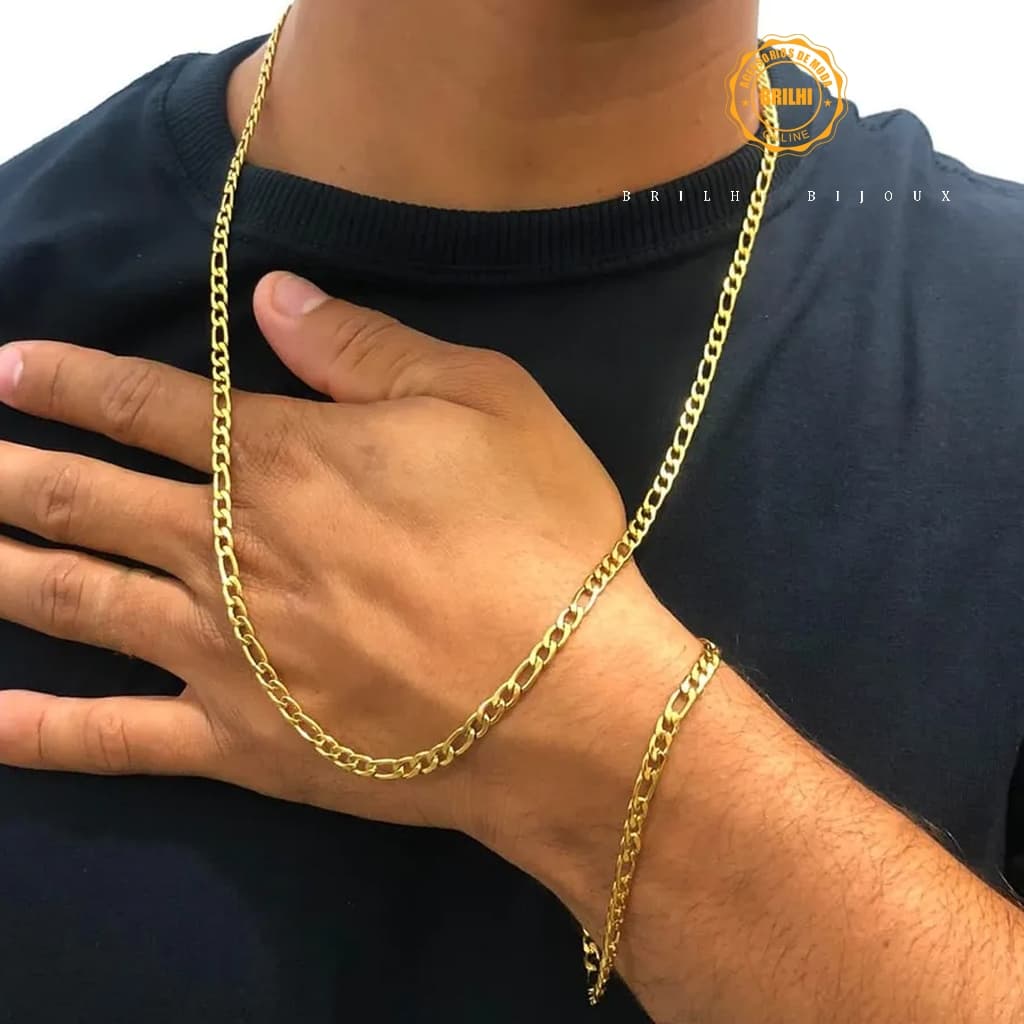 Combinação de corrente e pulseira em aço inoxidável dourado