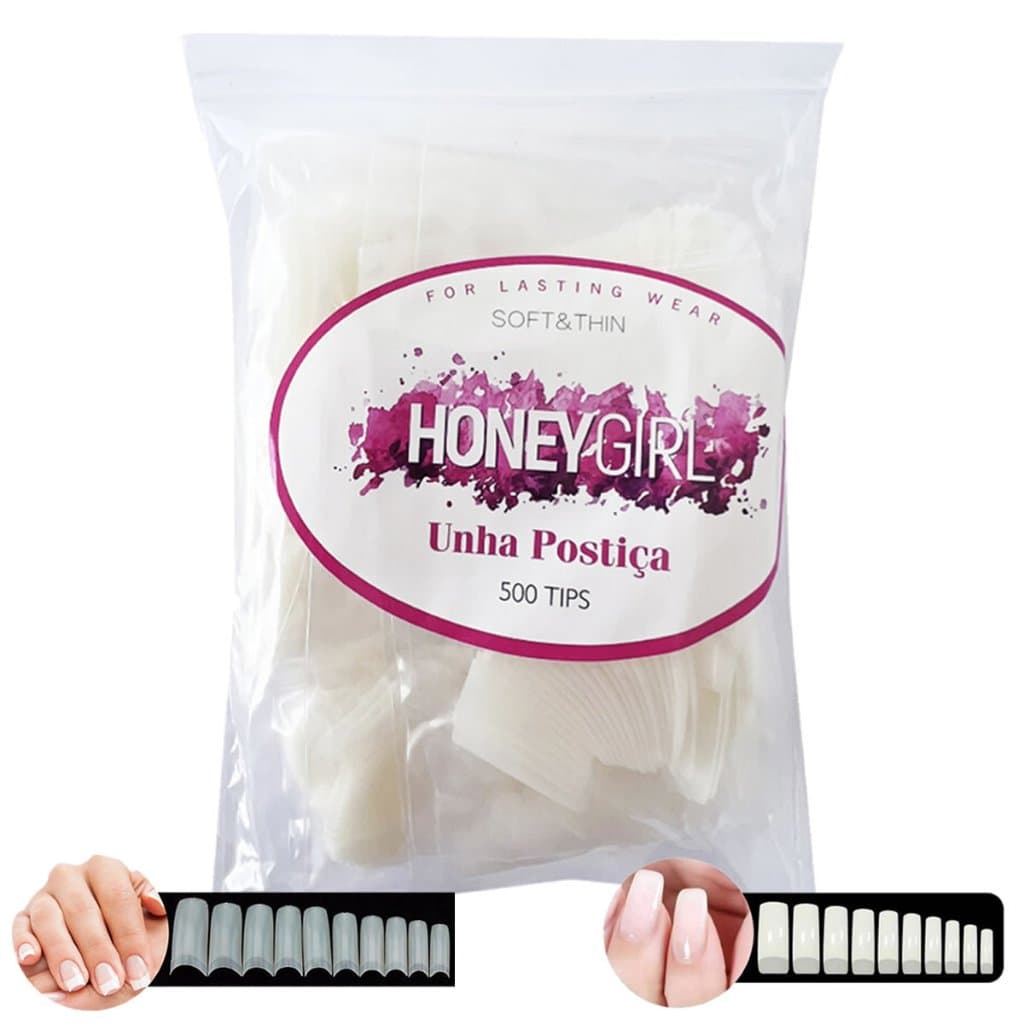 Unhas Tips Acrigel Porcelana Kit Pacote 500 Unidades Cor Natural Branca Postiças Sorriso / Meia-Lua - Honey Girl