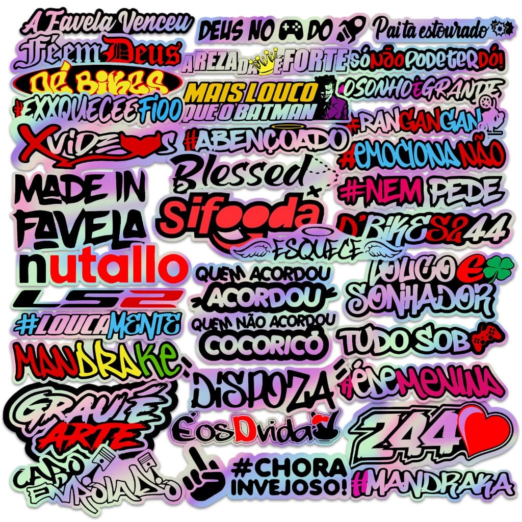 Super Kit 50 Adesivos Frases Holografico Carro Moto Bike Bag Caderno Notebook Sticker Cartela