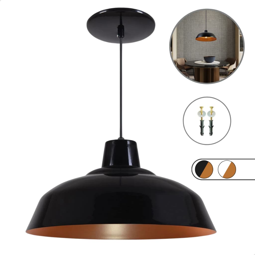 Luminária Lustre Pendente Retro 34cm de Teto em Alumínio Preto e Cobre Bivolt Iluminação Industrial