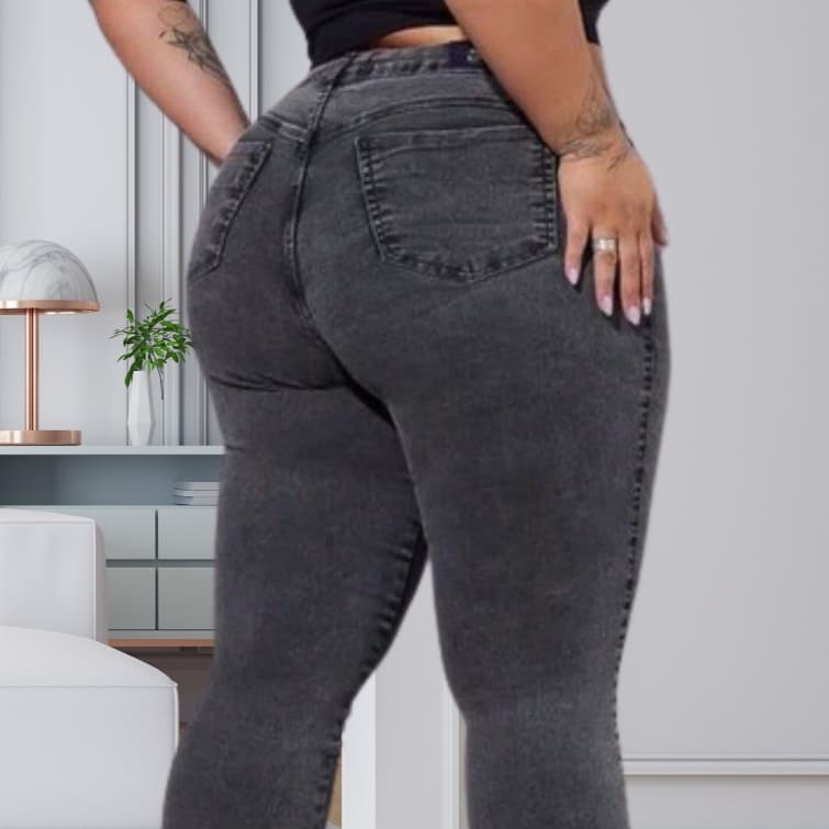 Calça Jeans Preta Marmorizada Plus Size Feminina Skinny Cós Alto Cintura Alta muita Lycra Modeladora