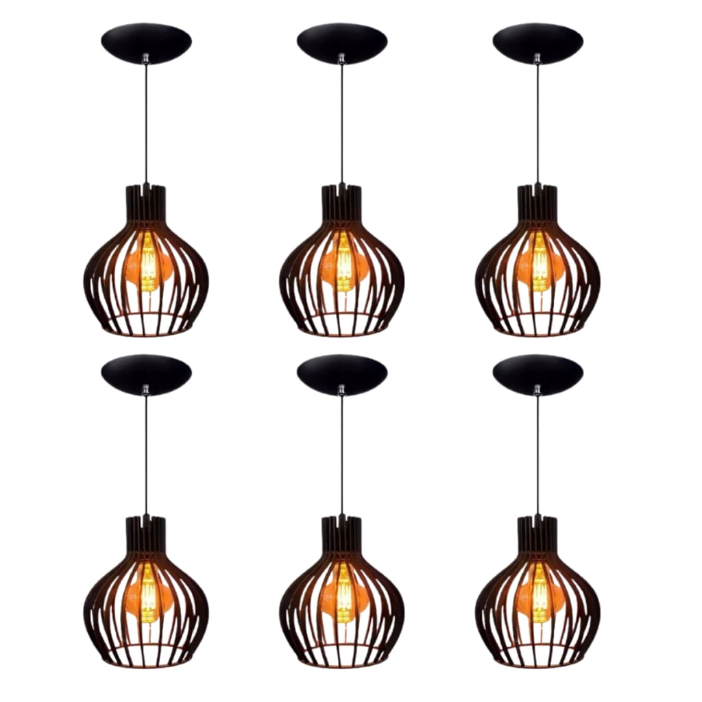 Kit 6 Luminarias De Teto Pendentes Balcão Bancada Cozinha Varanda Cor Preto Com Fiação - 6ppp