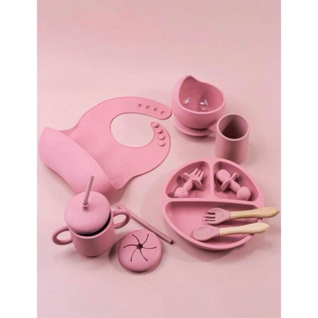 Conjunto De Utensílios De Alimentação Infantil 8 Peças, Prato Redondo Dividido De Silicone, Babador Ajustável, Conjunto De Talheres Com Cabos De Madeira, Canudos De Silicone, Copo De Lanche