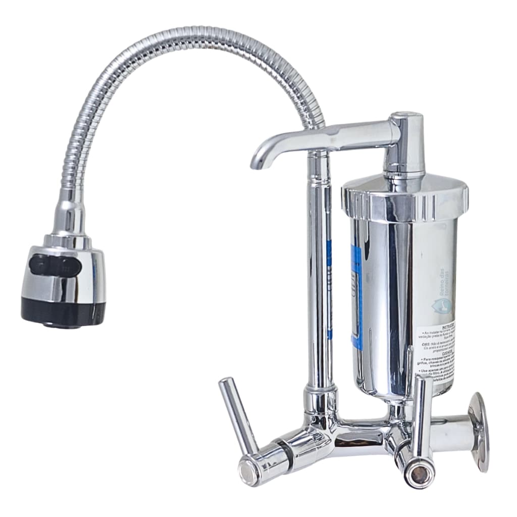 Torneira Gourmet Filtro C-51 Parede 1/4V Inmetro Tubo Inox Flexível Arejador Dupla Função